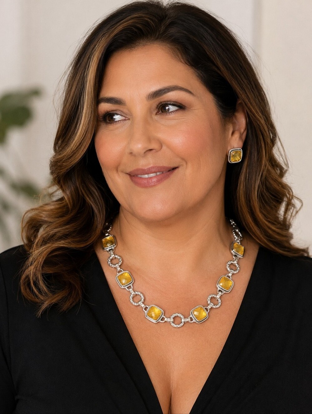 Silver Tone 16" Amber Faceted Statement Necklace & Clip-On Earrings Set